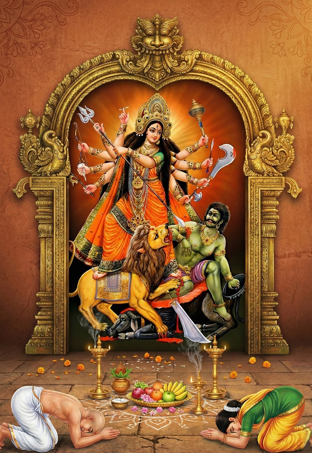 Darshan of The Divine Vigraha Of The Divine Mother Maa Durga, In the golden arch, Triumphant over mahishasura